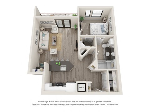 Floor plan for 1 bed, 1 bath, 755 sqft
